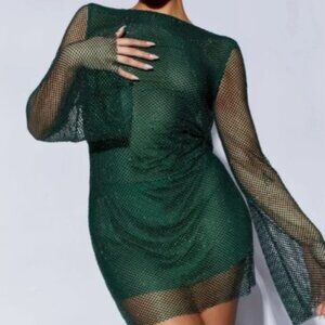 New Meshki Samira Flare Sleeve Diamante Mesh Mini Dress Emerald | Size Small